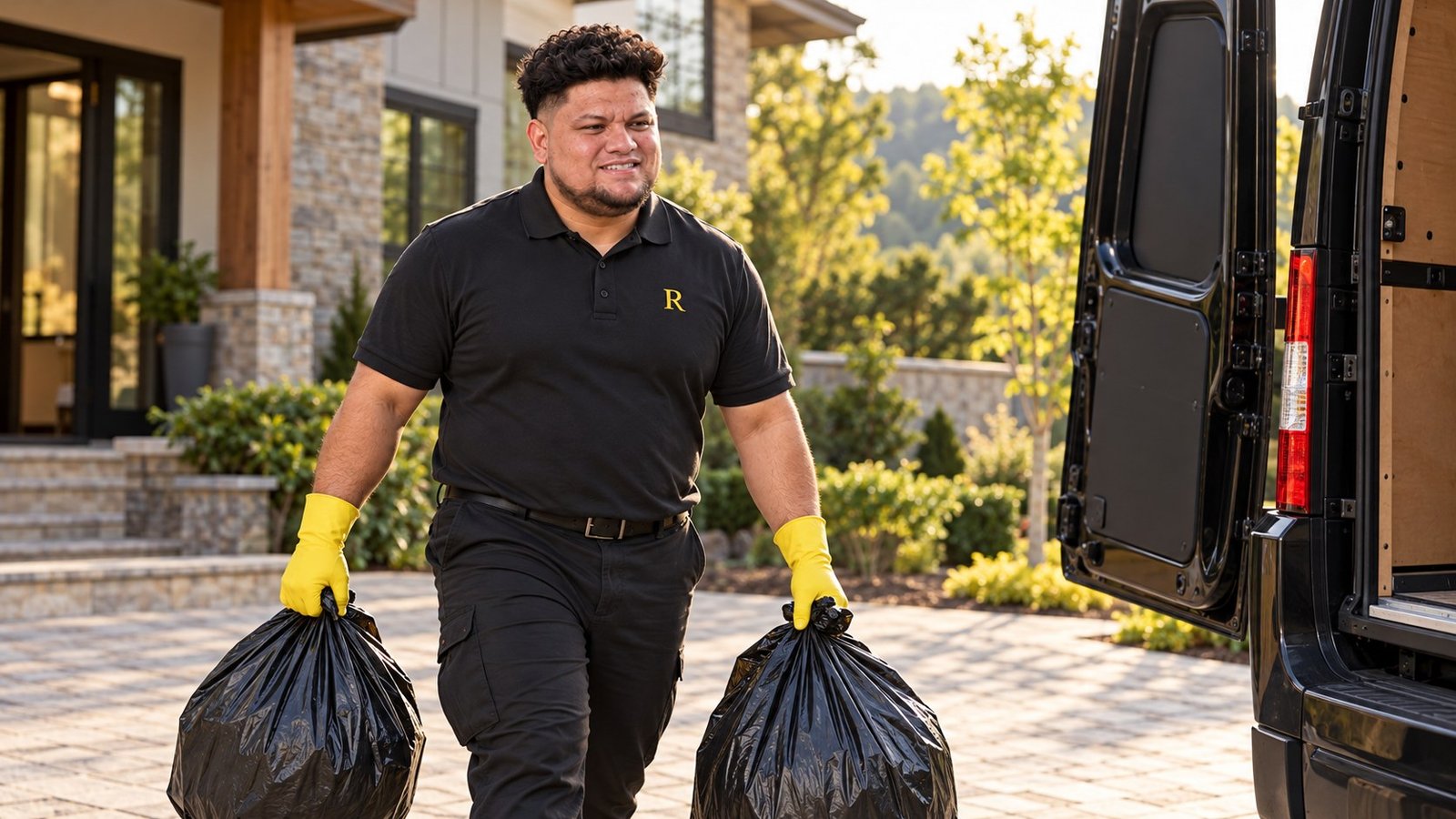Jorge carrying cleanup bags after a cleaning job